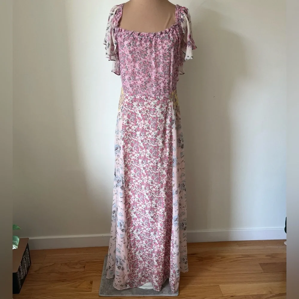 LoveShackFancy Evelyn Pink Multi Floral Maxi Silk Off the Shoulder Dress EUC 6 - Picture 4 of 11